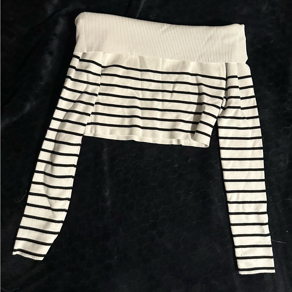 Forever 21 Cream Off Shoulder Stripped Sweater